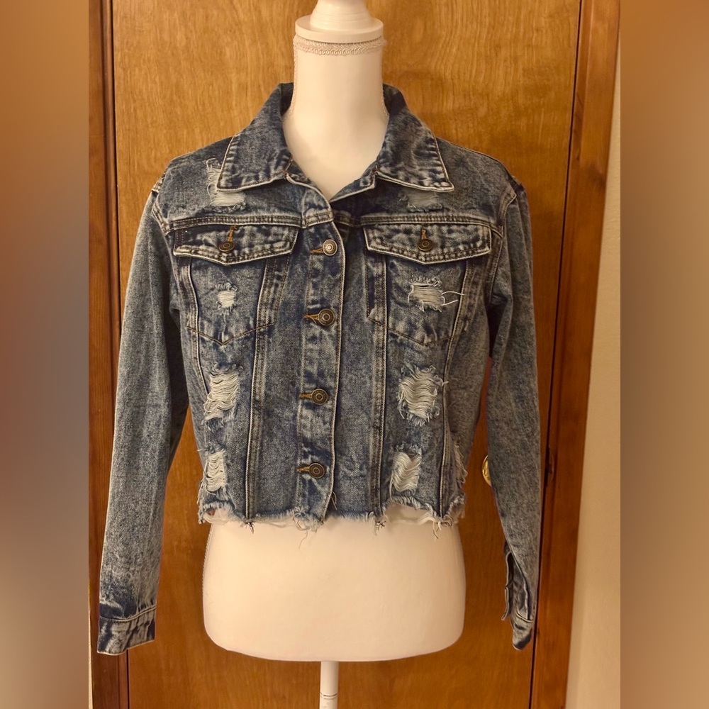 Thrill Blue Denim Distressed Cotton Cropped Jean Jacket